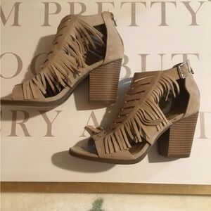 Fringe Tan Block Heel Sandals